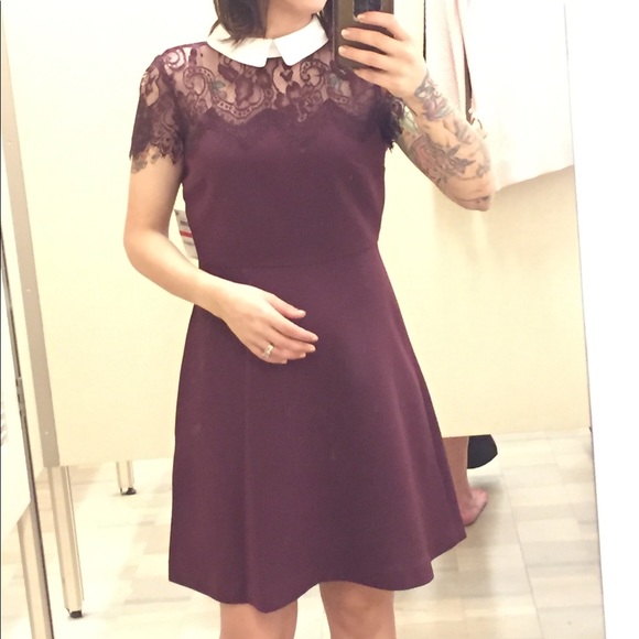 Burgundy collared dress with lace accent - Picture 2 of 4